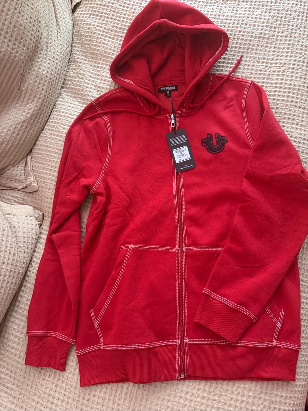 True Religion Kids Red Full-Zip Hoodie with Logo Patch